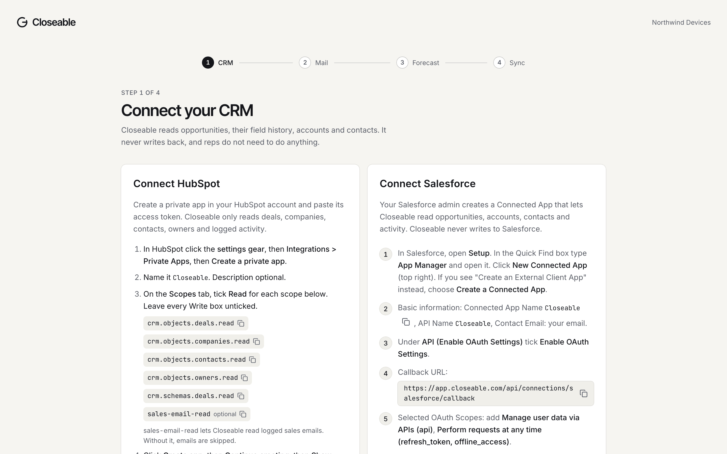 The Connect your CRM step: HubSpot private app token or Salesforce Connected App, with the required scopes listed.