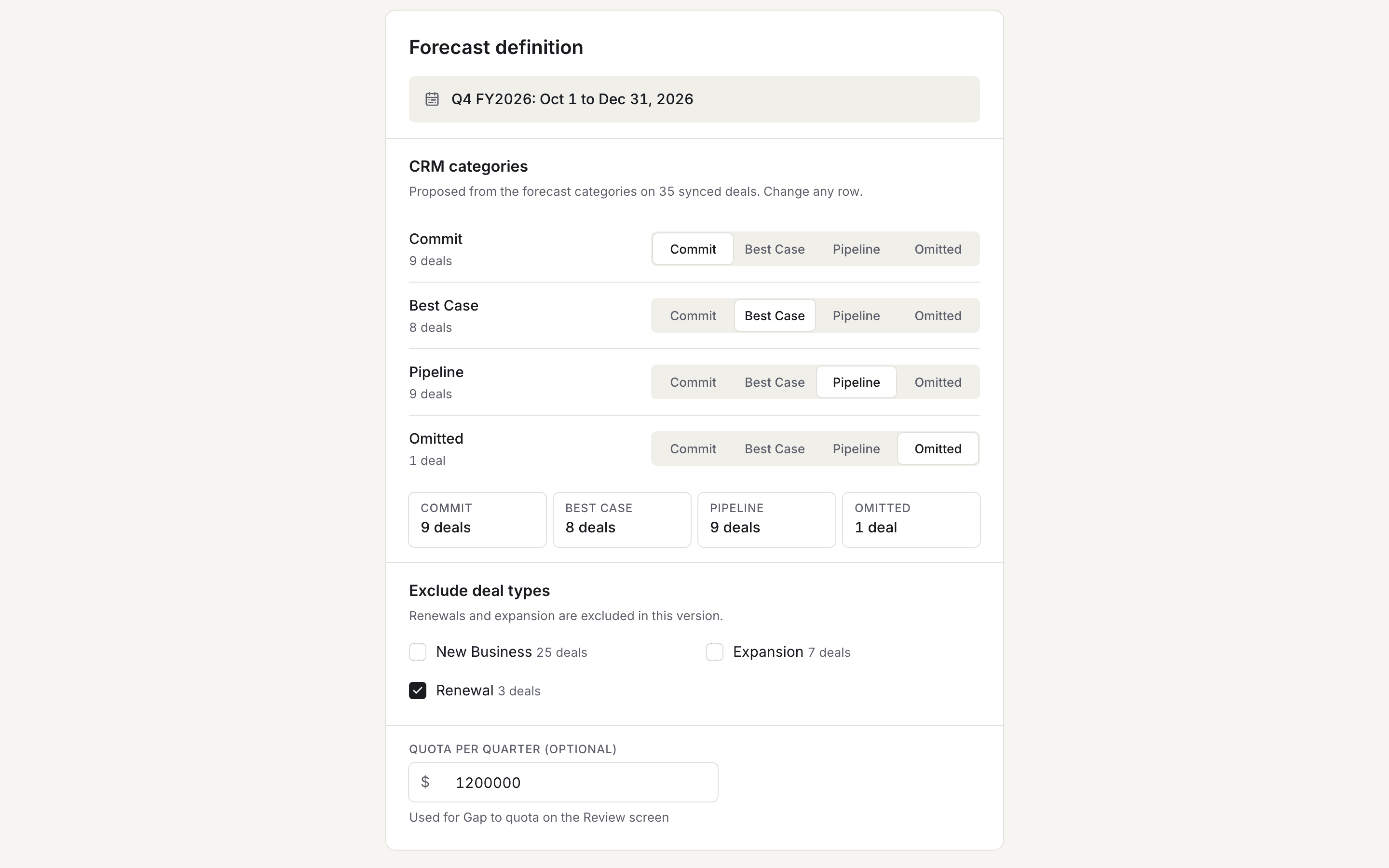 The forecast definition step: CRM forecast categories mapped to Commit, Best Case and Pipeline, with a filter to exclude renewals.