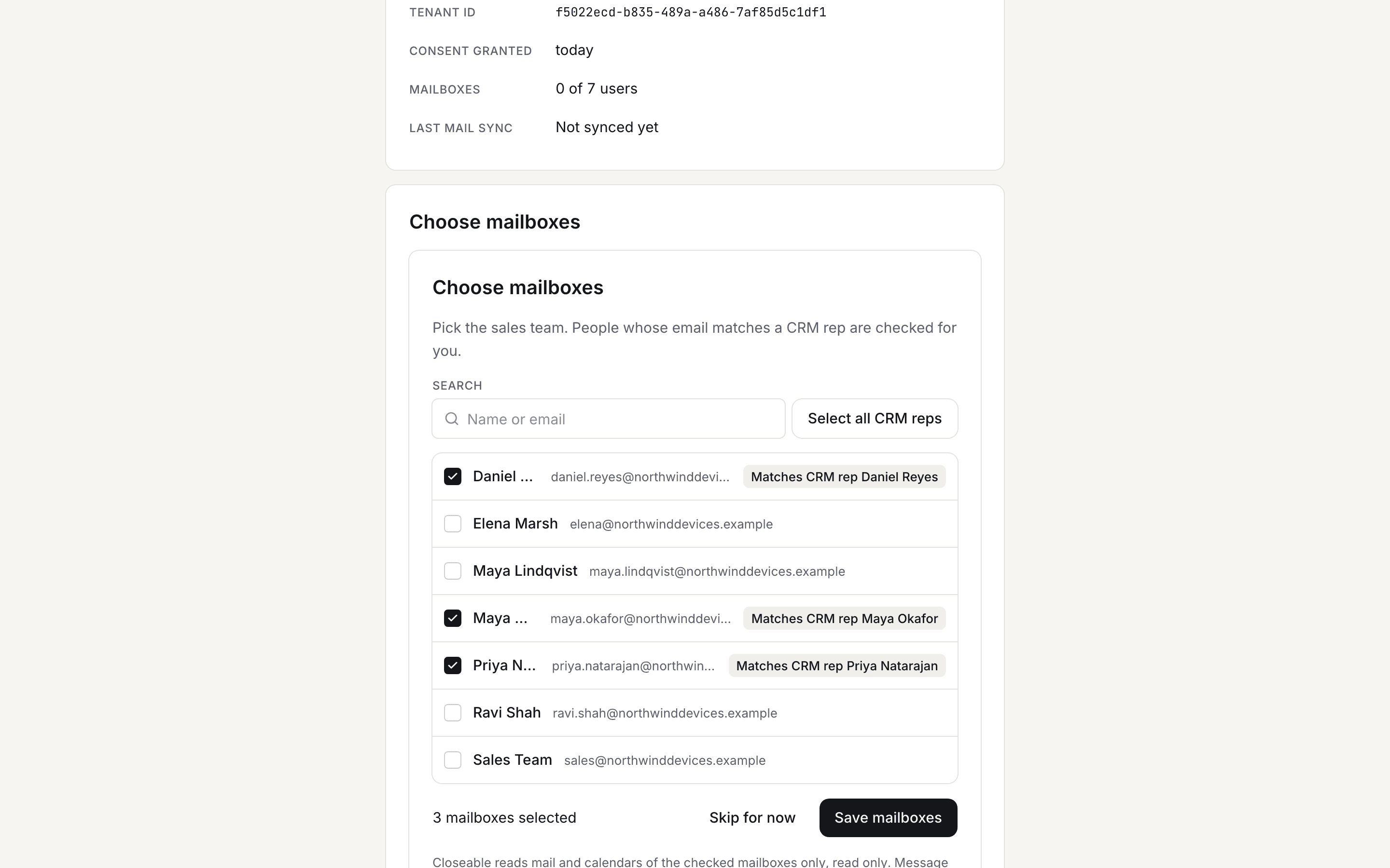The Microsoft 365 step: the admin consent link, then the mailbox picker with the reps who own deals pre-checked.