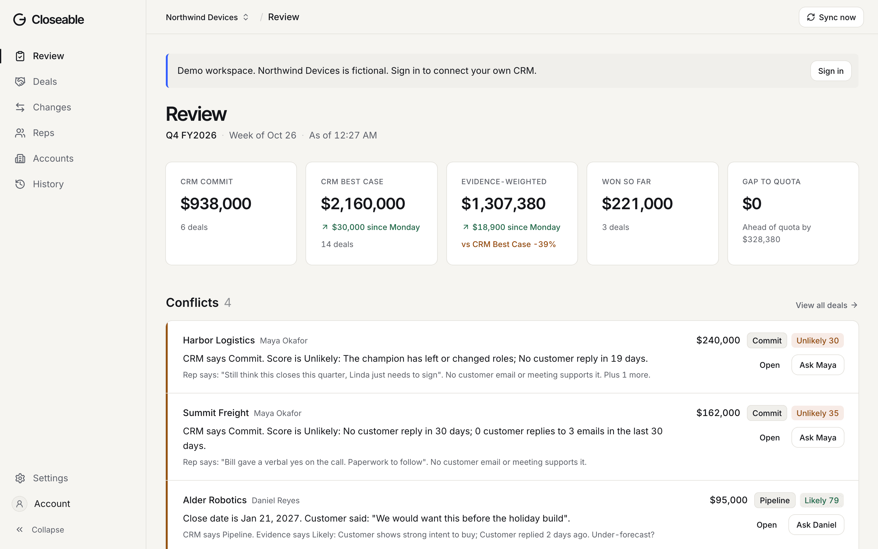 The Review screen in the Northwind Devices demo: CRM Commit beside the evidence-weighted forecast, with Harbor Logistics and Summit Freight at the top of Conflicts.